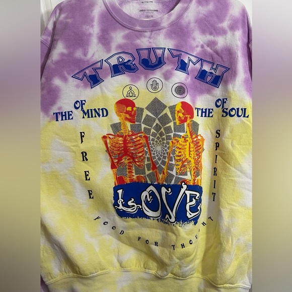 Urban Outfitters Crewneck Sweatshirt Tie Dye Truth Love Purple Yellow S/M - Picture 3 of 6